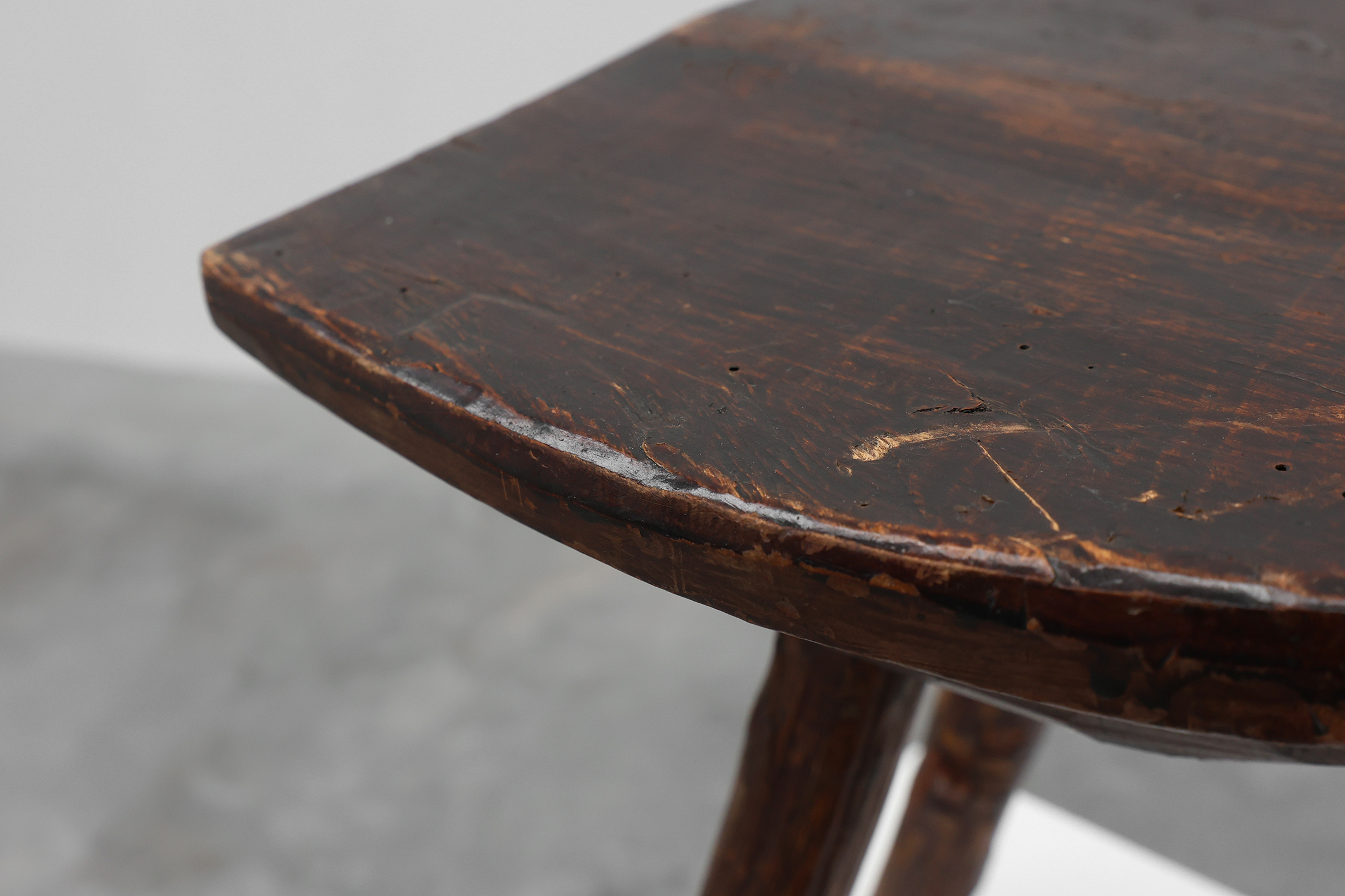 French wabi sabi style low tripod stool in solid wood, 1850sthumbnail